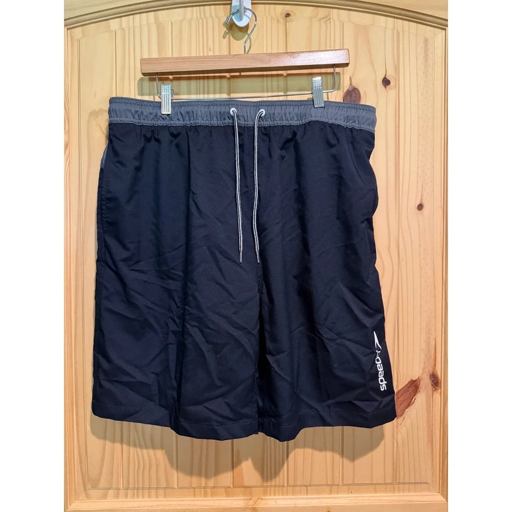 Speedo Mens XXL Swim Trunks Black Gray Board Shorts Mesh Lined Zipper Pocket